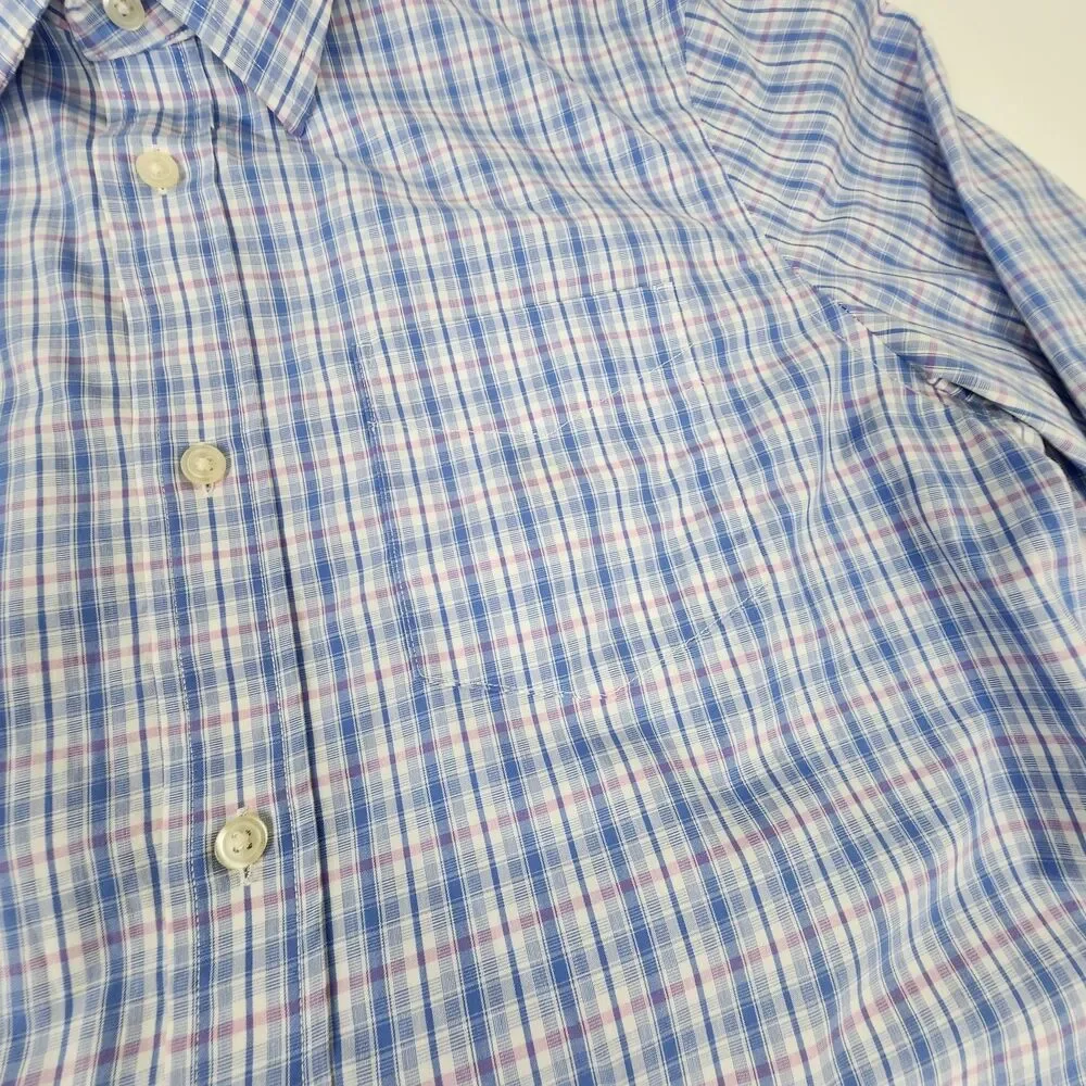 Banana Republic Mens M 15 15.5 Blue Pink Plaid Non Iron Slim Fit Dress Shirt